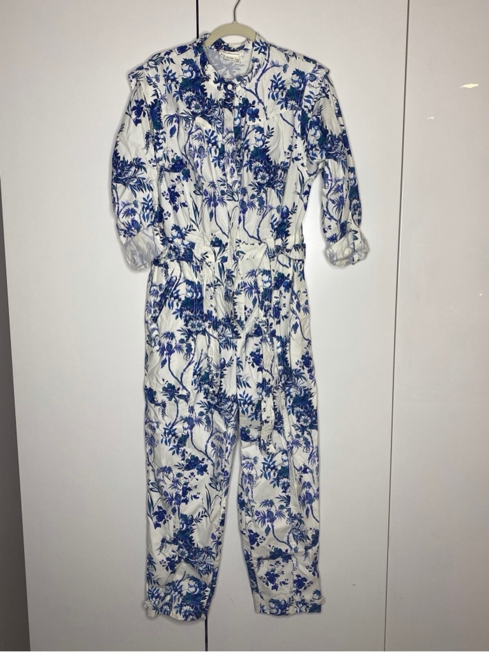 NWT Anthropologie White and Blue Floral Button-Front Jumpsuit